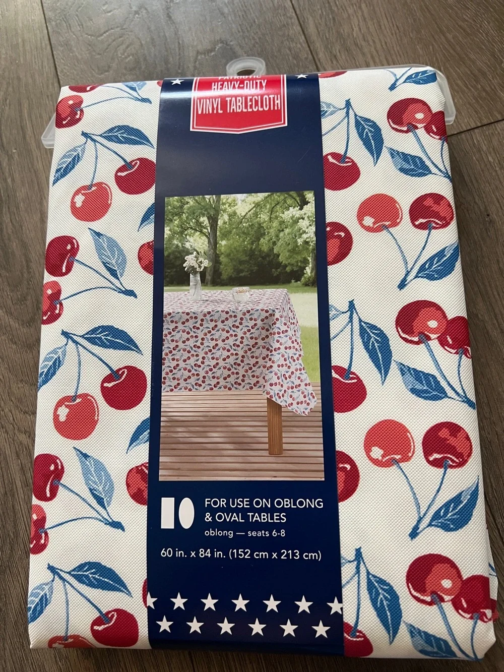 Patriotic Cherry Heavy Duty Vinyl Tablecloth 60in. X 84in. New